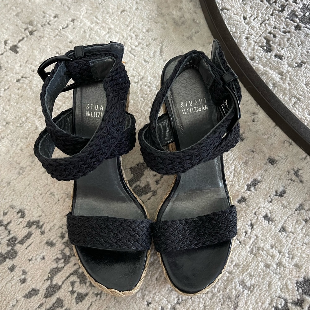 Stuart Weitzman Crochet Wedge Sandal Black Straps Jute Sole Size 7.5